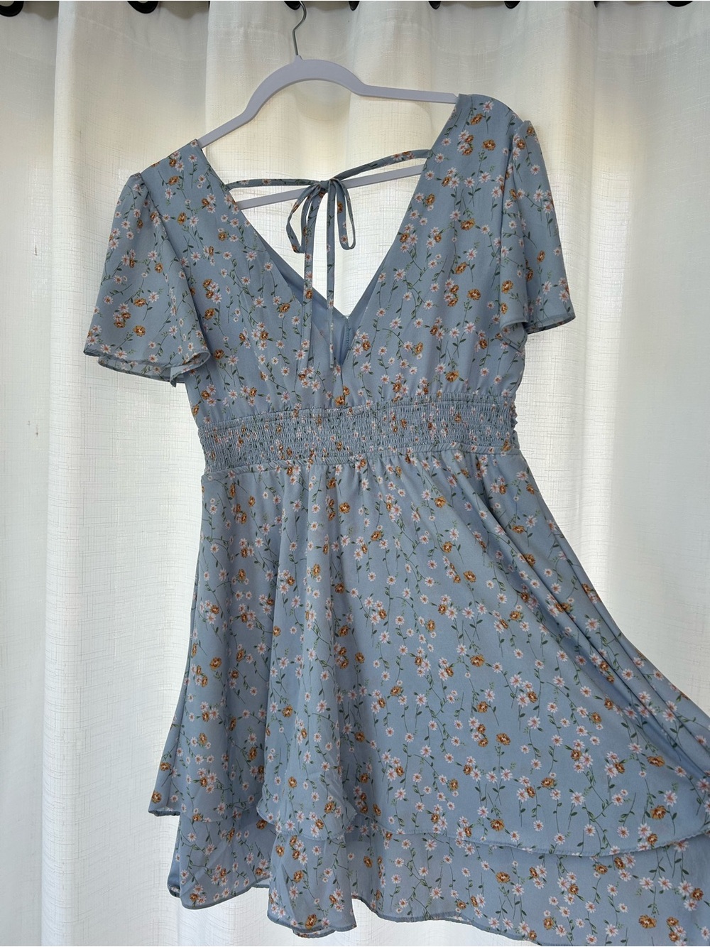 Altar'd State Blue Floral V-Neck Tie-Back Mini Dress